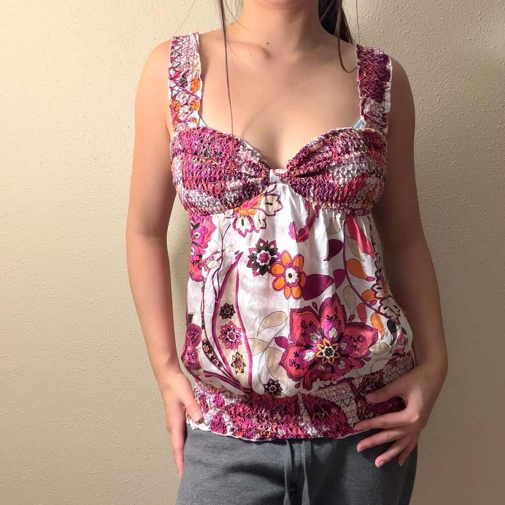 bebe 100% Silk Pink Floral Paisley Smocked Strapless Top Blouse Small